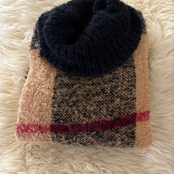 Steve Madden Plaid Poncho Sweater - Black, Tan, and Red - Picture 4 of 4